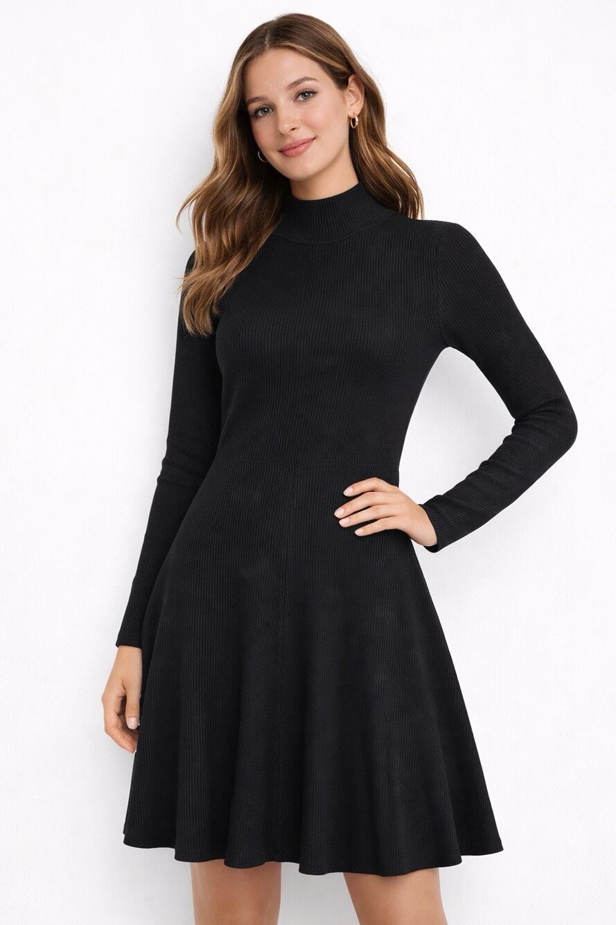 Black Ribbed Mock Neck Long Sleeve Fit & Flare Dress – Size L